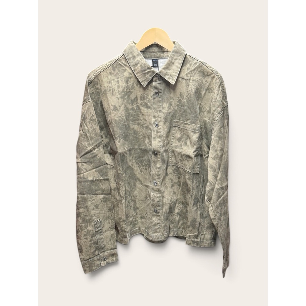 Romwe Men Grey Tie Dye Acid Wash Button Down Shirt Long Sleeve Size L NWT
